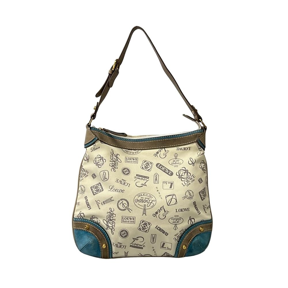 Loewe Shoulder Bag Cream Blue Gray Beige Canvas Suede Leather